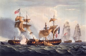 Kapning av La Minerve, tryck av Thomas Sutherland, från "The Naval Achievements of Great Britain, From the Year 1793 to 1817", av James Jenkins, första gången publicerad 1817 (handkolorerad akvatint).